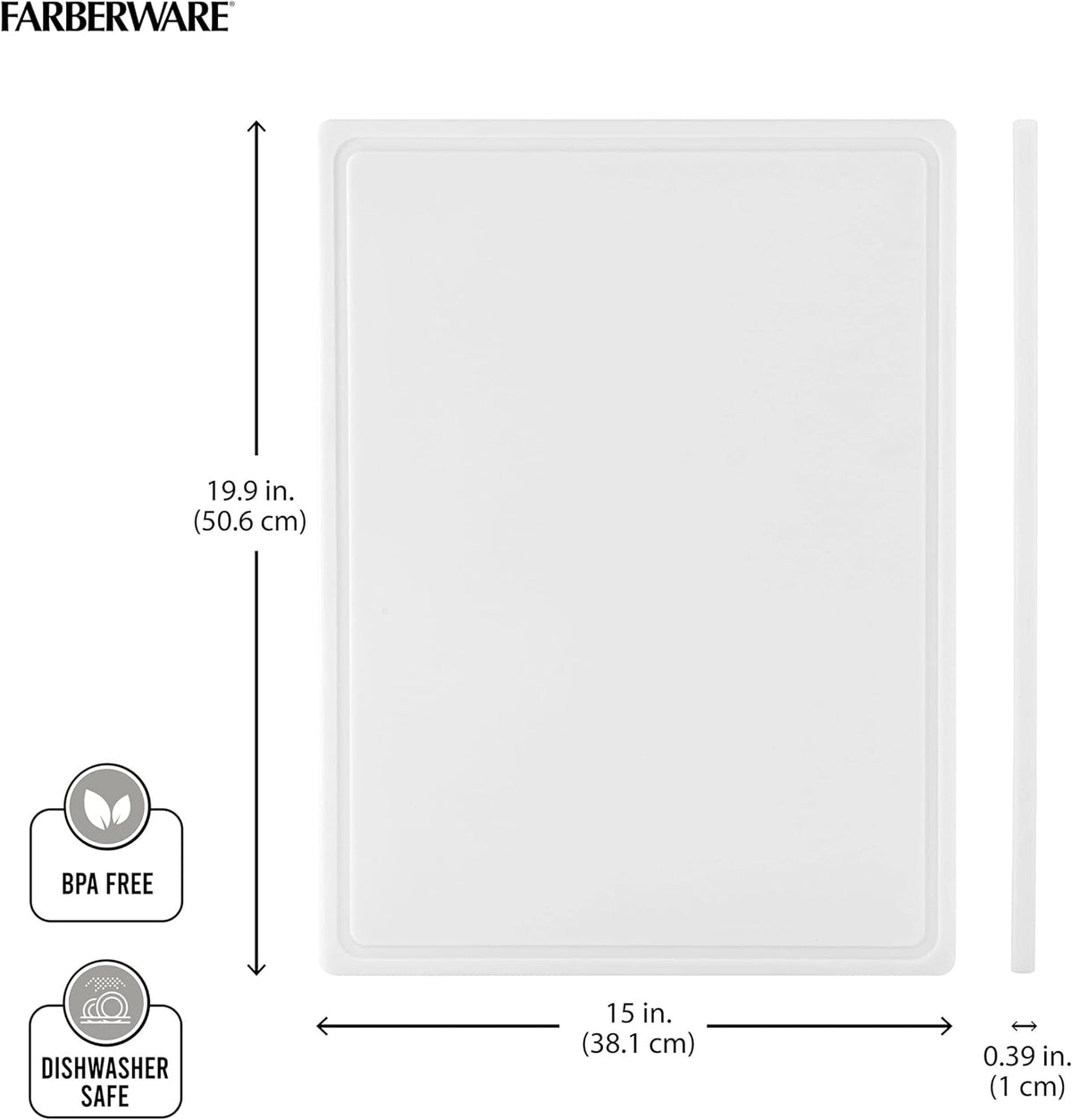FARBERWARE Large Cutting Board, Dishwasher- Safe Plastic Chopping Board for Kitchen with Easy Grip Handle, 11in by 14in, White