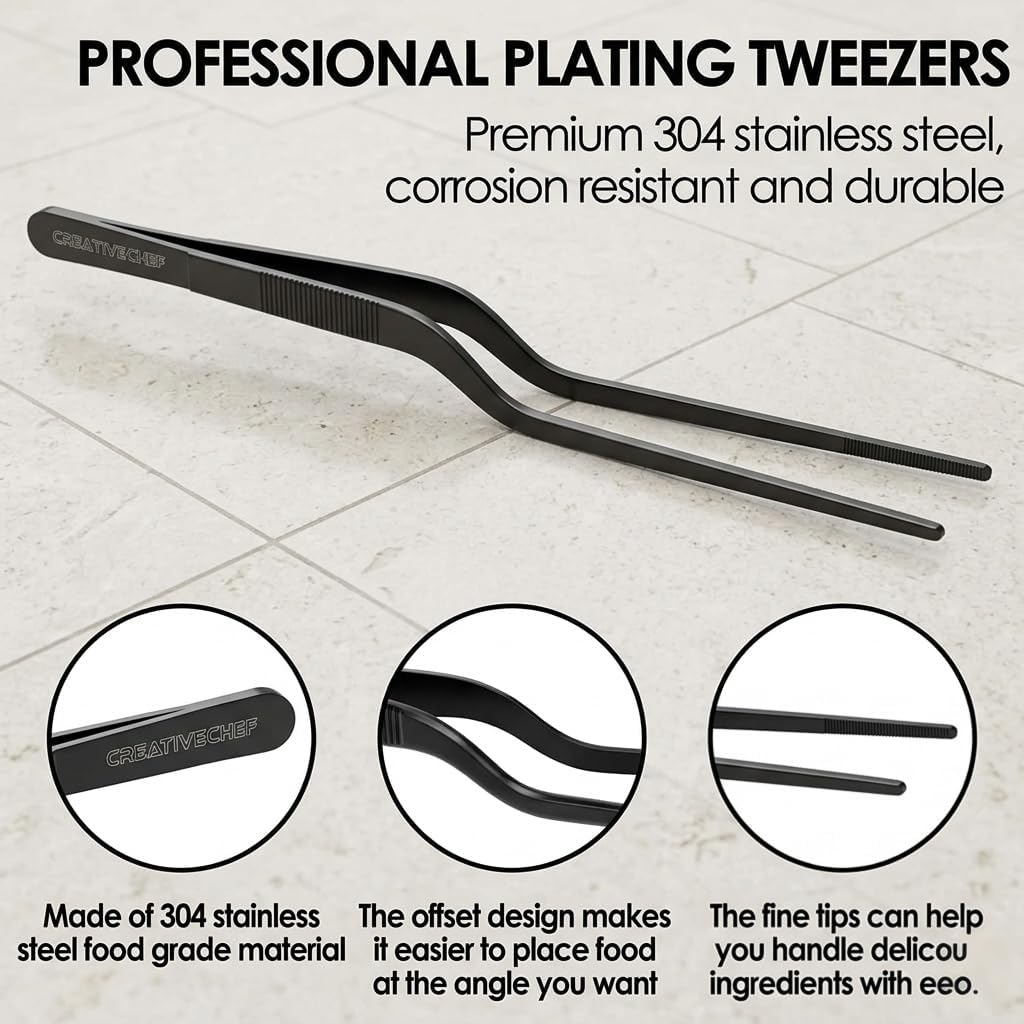 CREATIVECHEF 8 Inch Curved Stainless Steel Precision Kitchen Cooking Multi-function Tweezers Culinary Offset Tweezer Tongs (8" Curved, Bronze)