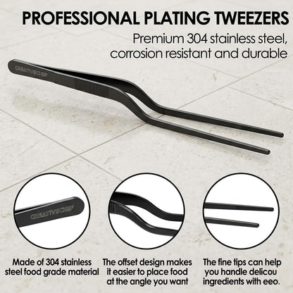 CREATIVECHEF 8 Inch Curved Stainless Steel Precision Kitchen Cooking Multi-function Tweezers Culinary Offset Tweezer Tongs (8" Curved, Bronze)