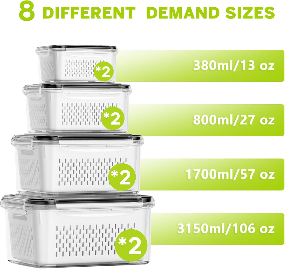 HOMETALL 5 Pack Fruit Storage Containers for Fridge, Plastic Fruit Containers for Fridge with Removable Colanders, Leakproof Fridge Organizers and Storage for Berry Vegetable Salad Lettuce Meat Food