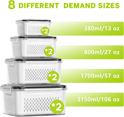 HOMETALL 5 Pack Fruit Storage Containers for Fridge, Plastic Fruit Containers for Fridge with Removable Colanders, Leakproof Fridge Organizers and Storage for Berry Vegetable Salad Lettuce Meat Food