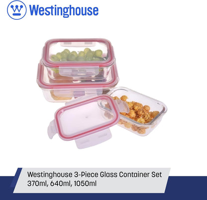 Westinghouse 3-Piece Glass Food Storage Container Set with Airtight Lids - BPA-Free, Stackable, Leakproof, Freezer, Microwave, Oven & Dishwasher Safe Meal Prep Containers - 370ml 640ml 1050ml
