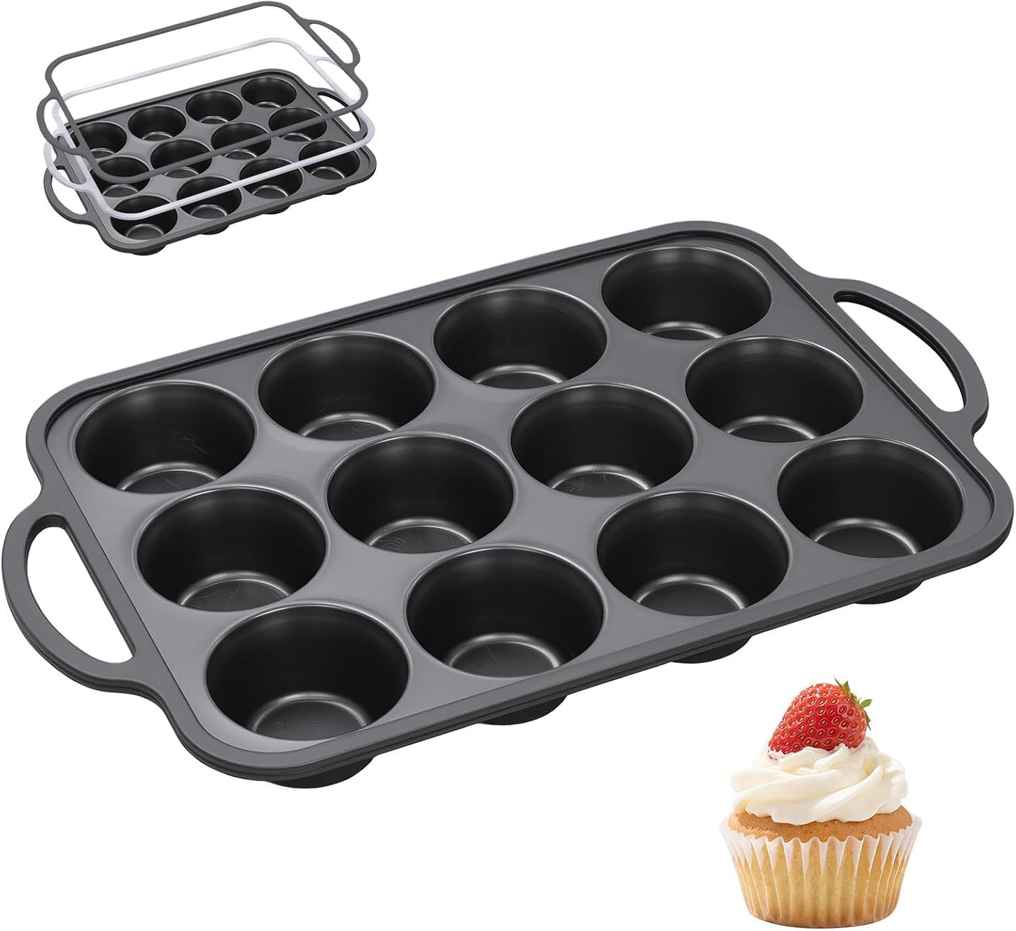 Silicone Muffin Pan with Metal Frame, 12-Cup Non-Stick Baking Pan for Cupcakes & Muffins, Dishwasher Safe & BPA Free, Durable for Meal Prep & Oven Use