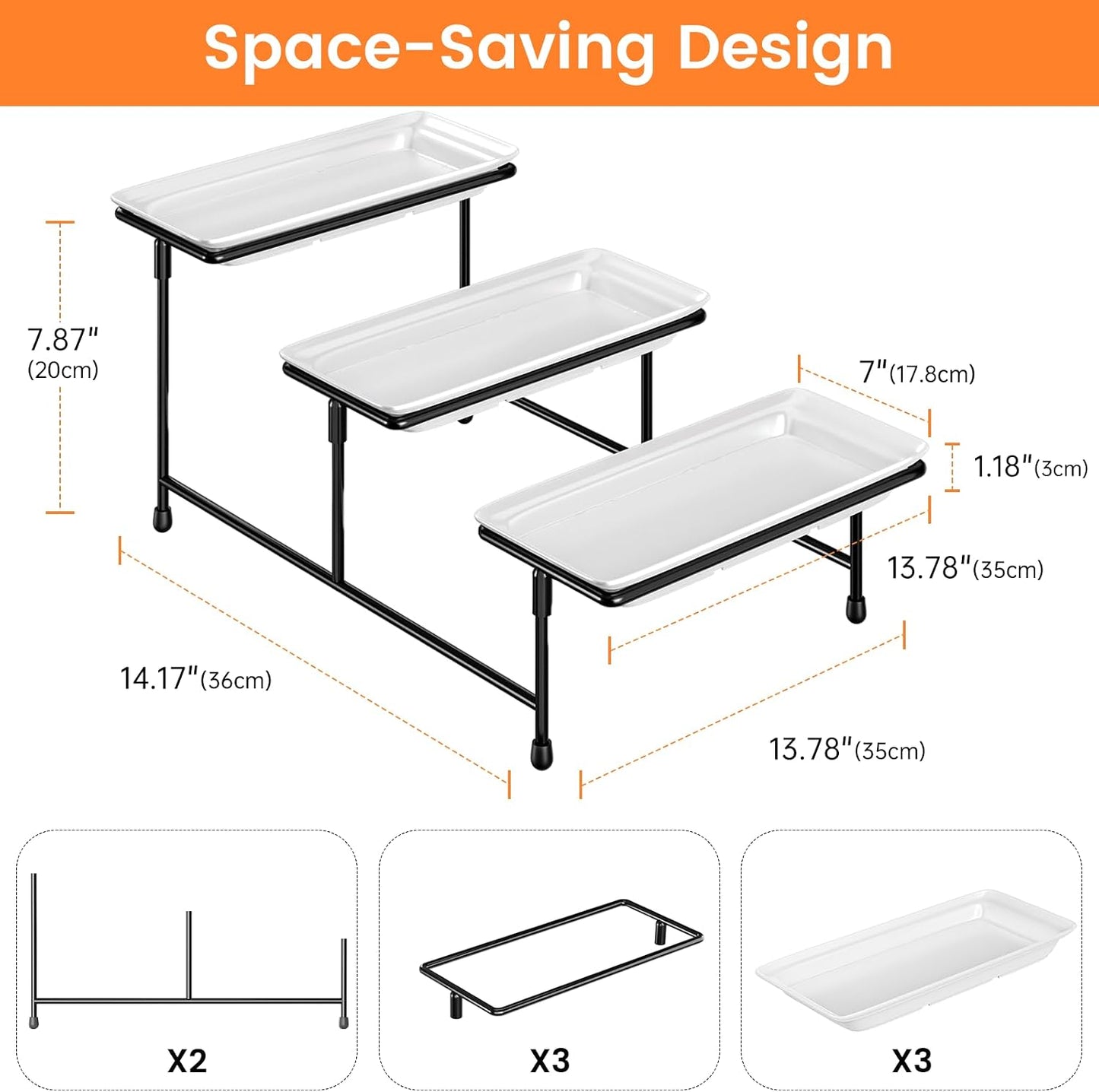 3 Tier Servings Tray for Party, 12"x6" Tiered Serving Platters with Steel Display Stand for Sevring Food,Cookies,Veggie, Dessert,Fruit, Black