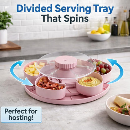 Divided Serving Tray that Spins with Lid, Rotating Snack Tray with 5 Compartments, Divided Spin and Snack Serving Tray, Snack Organizer for Fruit, Nuts, Candy, Veggies, Party Appetizers (Gray)