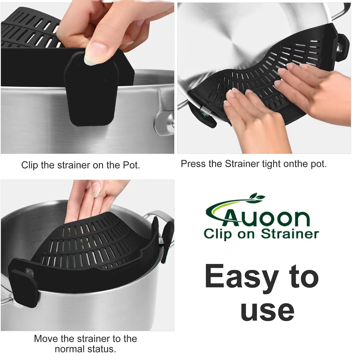 AUOON Clip On Strainer Silicone for All Pots and Pans, Pasta Strainer Clip on Food Strainer for Meat Vegetables Fruit Silicone Kitchen Colander