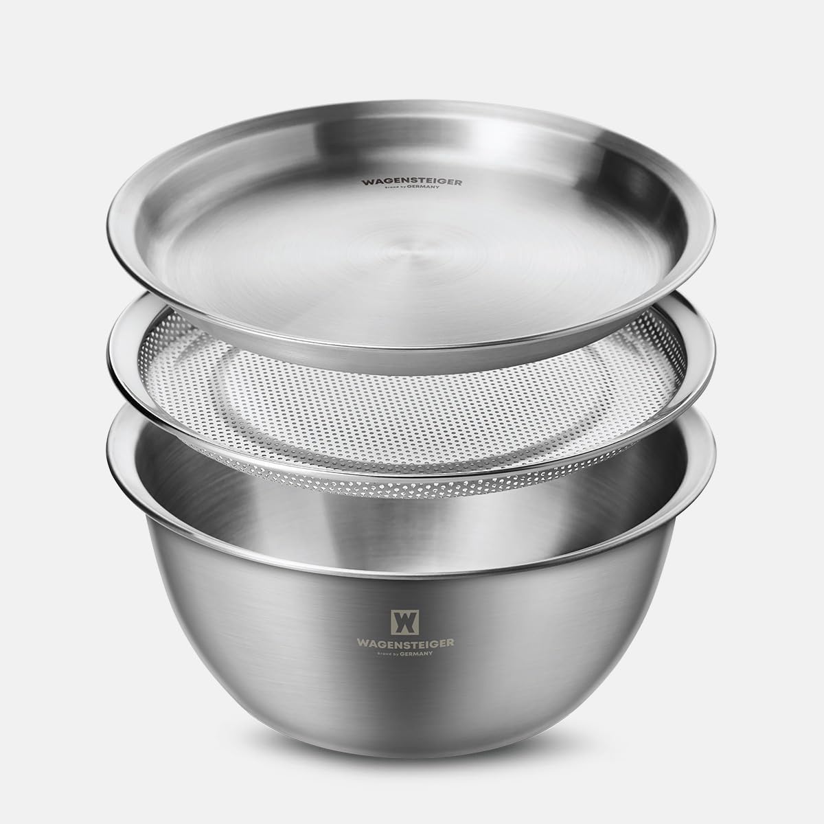 WAGENSTEIGER 3-Piece Stainless Steel Mixing Bowl Set with Strainer & Oil Drain Tray – Nesting Prep & Baking Bowls with Measurement Marks (9.45 in)