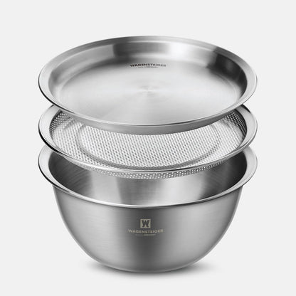 WAGENSTEIGER 3-Piece Stainless Steel Mixing Bowl Set with Strainer & Oil Drain Tray – Nesting Prep & Baking Bowls with Measurement Marks (9.45 in)