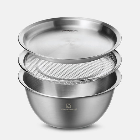 WAGENSTEIGER 3-Piece Stainless Steel Mixing Bowl Set with Strainer & Oil Drain Tray – Nesting Prep & Baking Bowls with Measurement Marks (9.45 in)