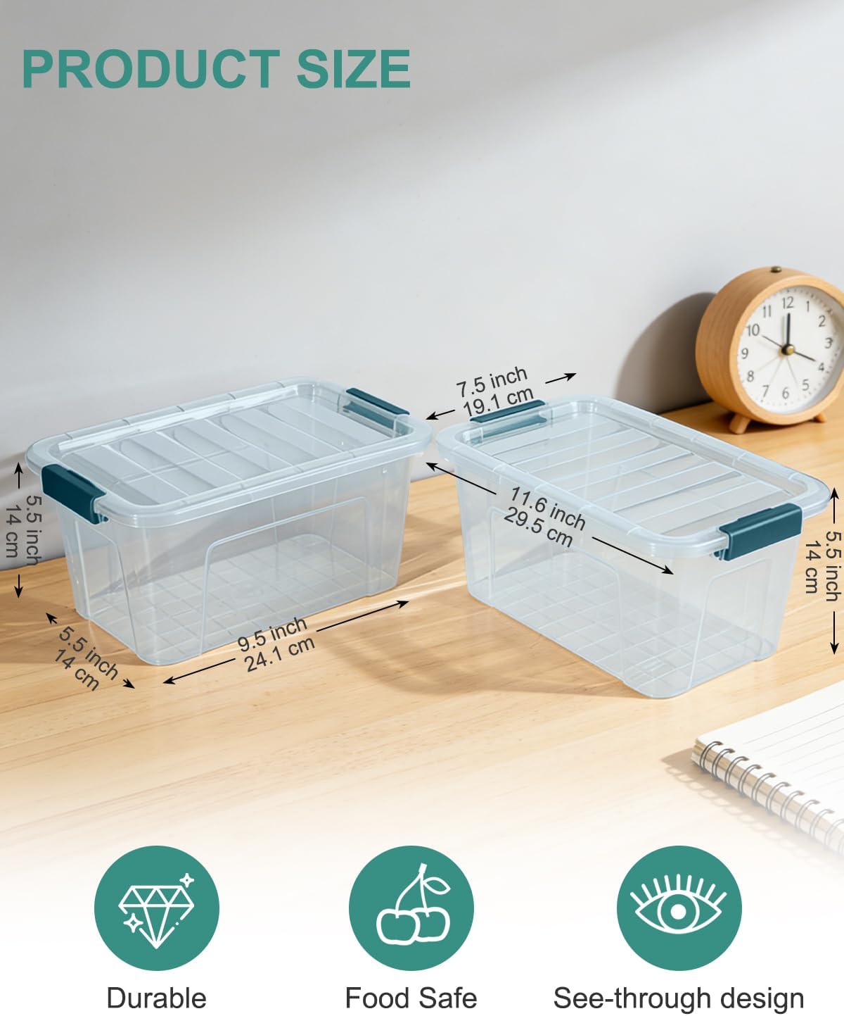 EOENVIVS Plastic Storage Bins with Lids 6 Pack, 7 Quart Storage Containers With Black Buckle Latch, Stackable Storage Organizers for Home Pantry Office Classroom Organization, Clear