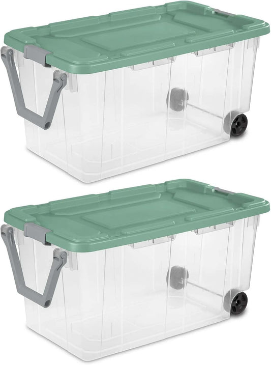 160 Quart Wheeled Storage Box, Extra Large Durable Clear Plastic Bin, Latch Lid, Lt Green, 2 Count