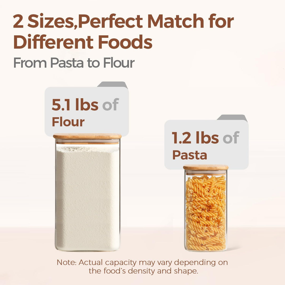 ComSaf Glass Storage Jars with Bamboo Lids 4.6 Qt 2 Pack Large Wide Mouth | Pantry organization, Flour Sugar Coffee Beans, Pasta Cereal Dry Food, 1.2 Gallon, Cabinet Organization, Dry Food Storage