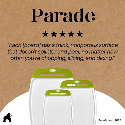 GORILLA GRIP BPA-Free Reversible Kitchen Cutting Board Set of 3, US Designed, Nonporous, Juice Grooves Catch Liquid, Slip Resistant Border, Dishwasher Safe, Durable Large Food Chopping Boards, Black