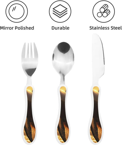 3-Piece Kids Silverware Set With Storage Case, Stainless Steel Reusable Children Safe Knife Spoon Fork Set Tropical Sunset Seaside Children Flatware Set For Kids Lunch Box