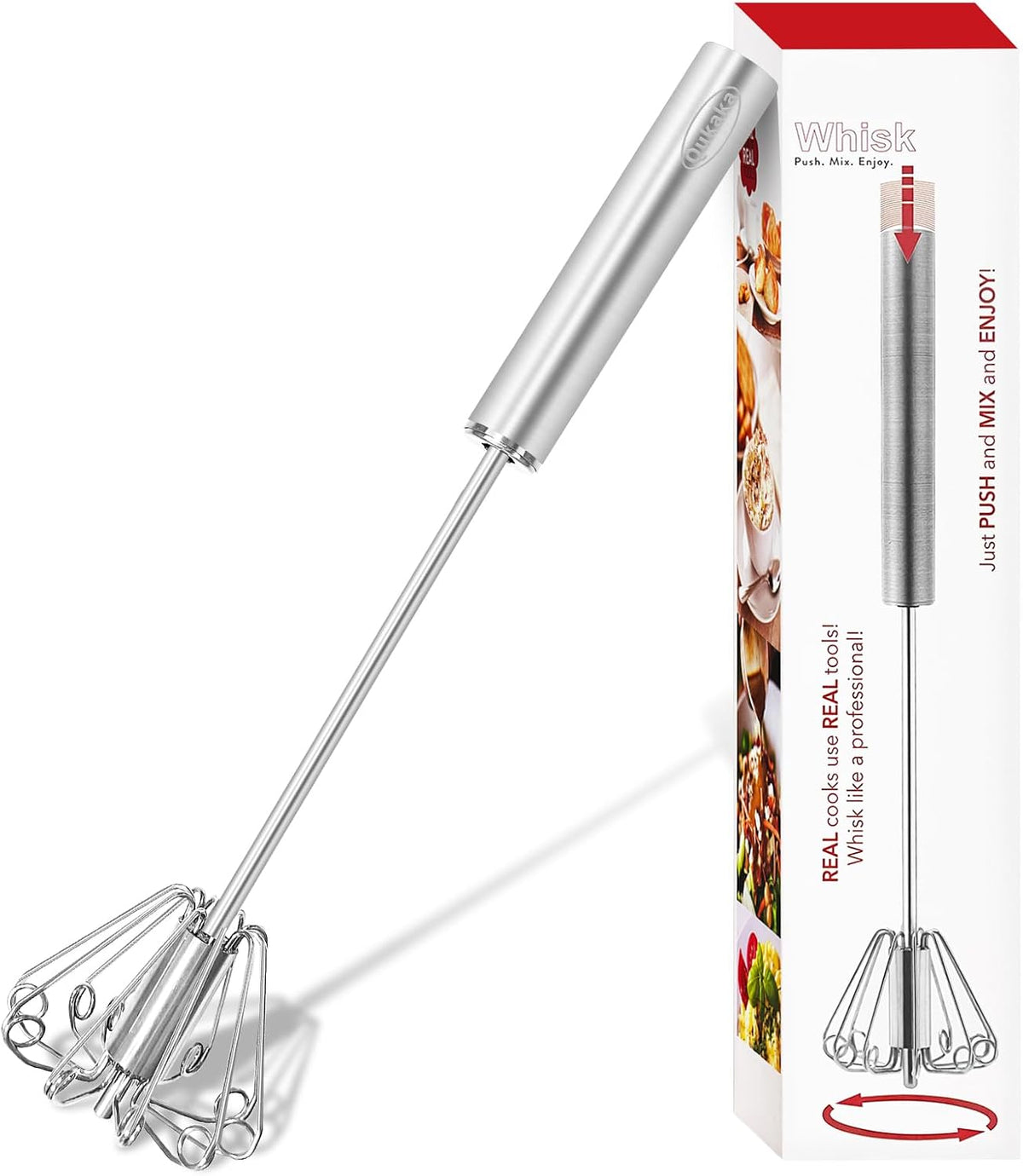 Hand Push Semi-automatic Whisk, Stainless Steel Egg Beater, 12 Inch