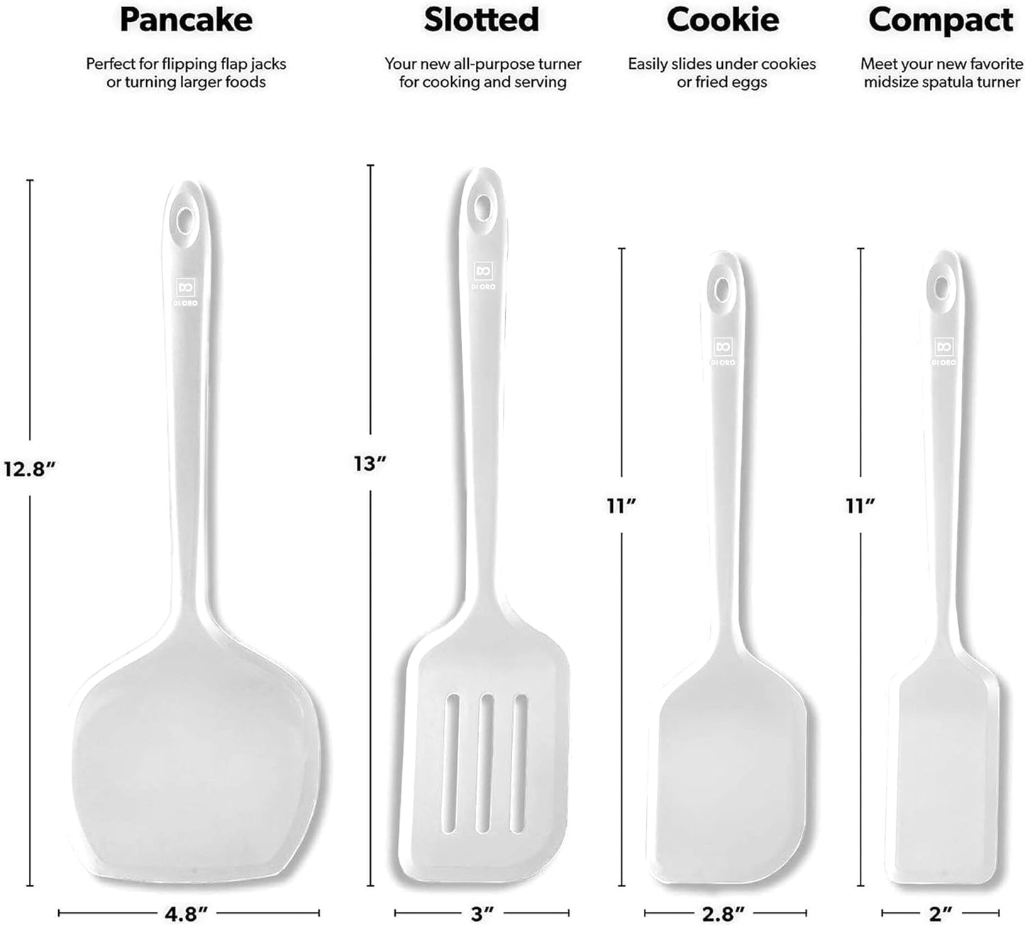 DI ORO Silicone Turner Spatula Set - Kitchen Spatulas for Nonstick Cookware - Cooking Utensils for Flipping Eggs & Pancakes - 600°F Heat-Resistant BPA Free Turners - Dishwasher Safe (4pc, Black)