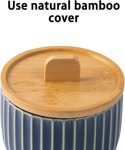 Salt Cellar Keeper with Bamboo Lid, 14oz Big Capacity Ceramic Sugar Bowls Pepper Box, Crackle Glaze Seasoning Container Condiment Pot for Kitchen (Blue Color)
