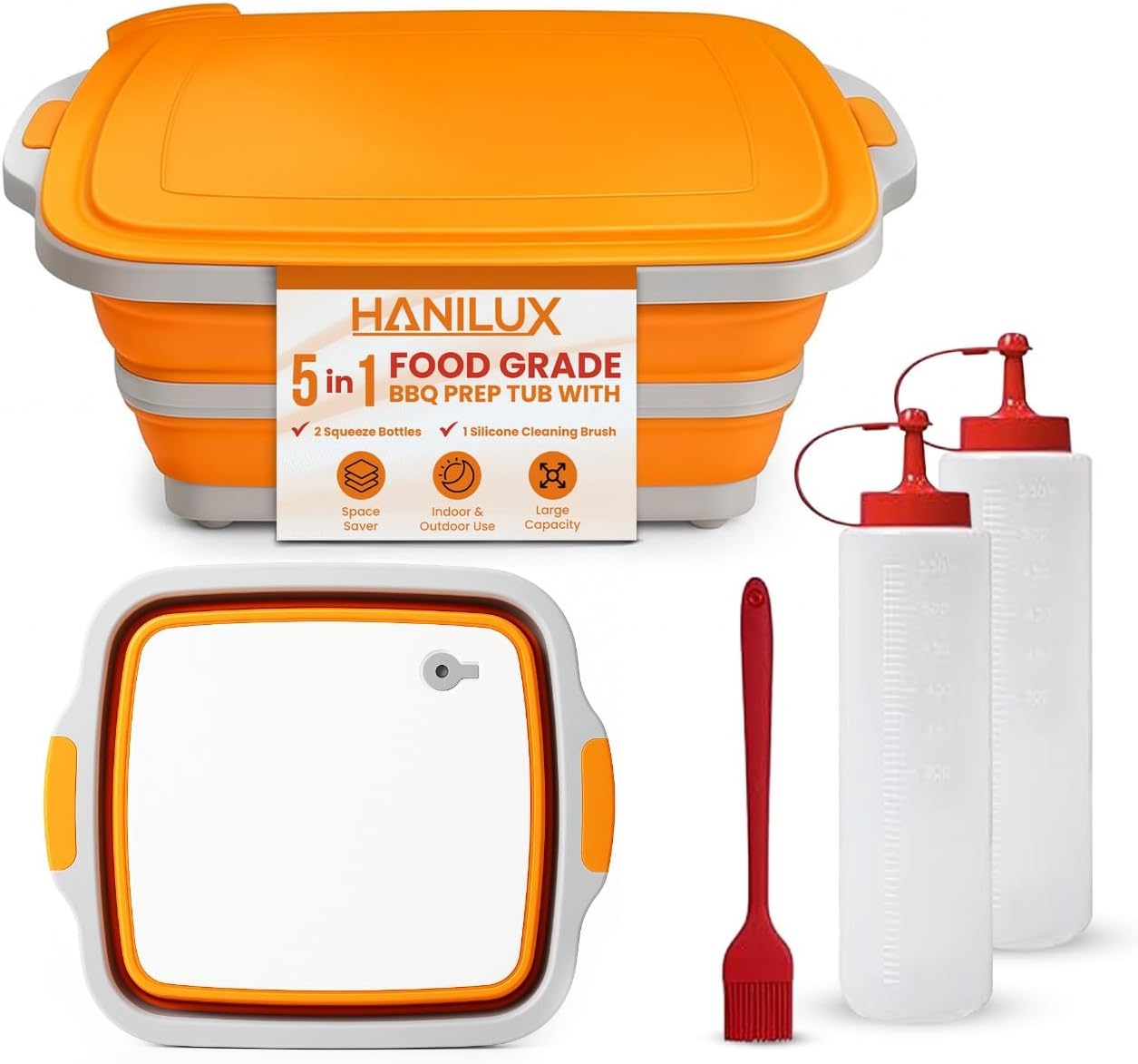 Collapsible BBQ Prep Tub, (8L) Meal prep, Marinating Food Container, Folding Cutting Board, Multi-Function Grill Caddy W/Bulit-In Colander & Lid, 2 Squeeze Bottles1 Silicone Brush for Picnic- Camping-