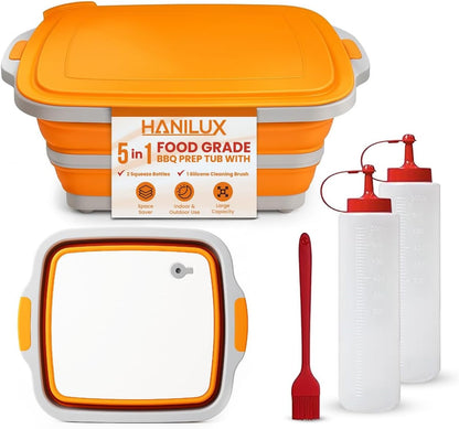 Collapsible BBQ Prep Tub, (8L) Meal prep, Marinating Food Container, Folding Cutting Board, Multi-Function Grill Caddy W/Bulit-In Colander & Lid, 2 Squeeze Bottles1 Silicone Brush for Picnic- Camping-