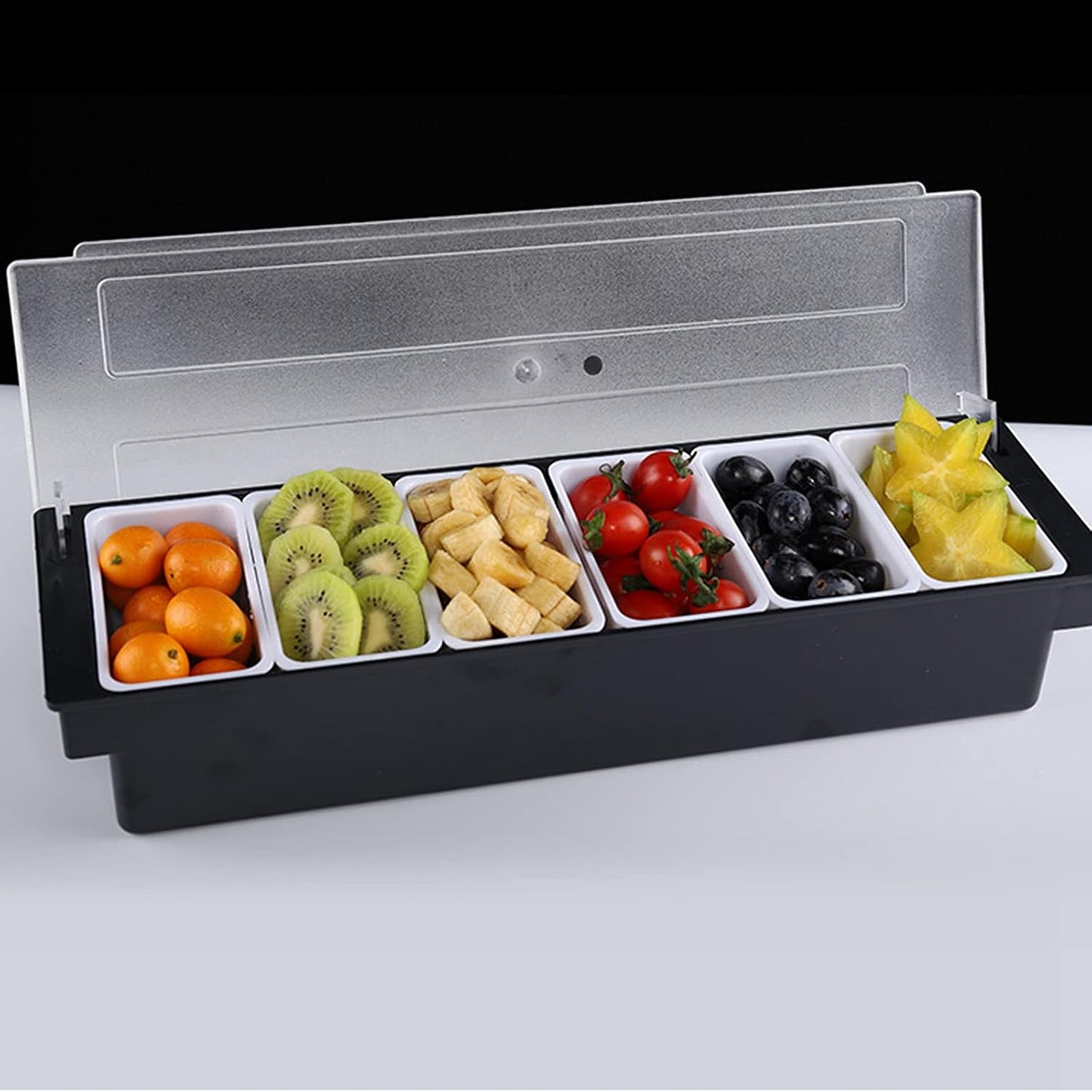 Fruit Veggie Condiment Caddy with Lid, 3 Compartment Plastic Dispenser Tray for Catering Dips Toppings, Serving Taco, Ice Cream, Fruit, & Salad Bar Garnish Organizer for Restaurant Supplies