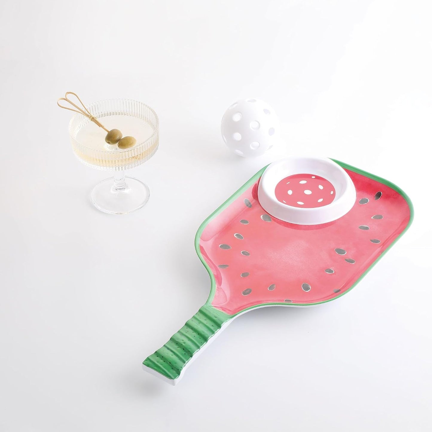 UPware Watermelon Melamine Chip and Dip Snack Tray, Summer Fruit Pickleball Paddle Shape Platter for Chips, Salsa, Fruits, and Appetizers, 15.75 x 8 Inch
