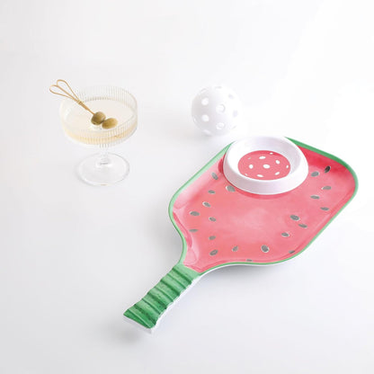 UPware Watermelon Melamine Chip and Dip Snack Tray, Summer Fruit Pickleball Paddle Shape Platter for Chips, Salsa, Fruits, and Appetizers, 15.75 x 8 Inch