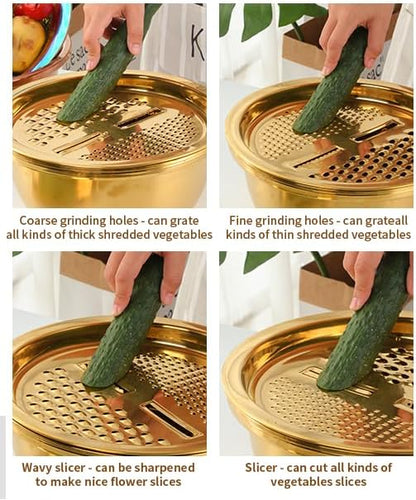 3PC/Set Colander set Stainless Steel Vegetable Slicer Fruit Potato Peeler Carrot Grater Strainer Utensil Round Rice Washer Bowl Drain Basket-Gold