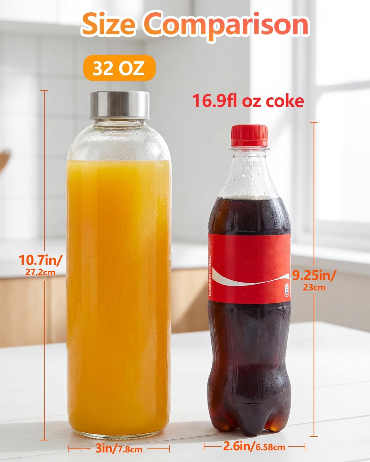 Zukro Glass Juice Bottles with Lids for Juicing 18 oz, Reusable Clear Glass Water Bottles with Stainless Steel Airtight Cap for Refrigerator, 100% Leak Proof Drinking Jar, BPA Free, Set of 6