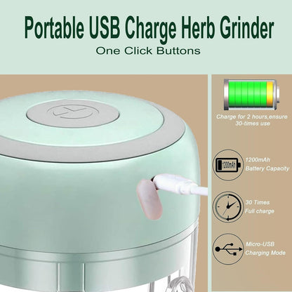 Electric Herb Grinder with Mini Scoop & Brush - 3.5-Inch 3.4oz USB Cordless, Adjustable Coarse to Fine Grind for Spices/Garlic/Herbs - Waterproof Portable Food Chopper (Green)