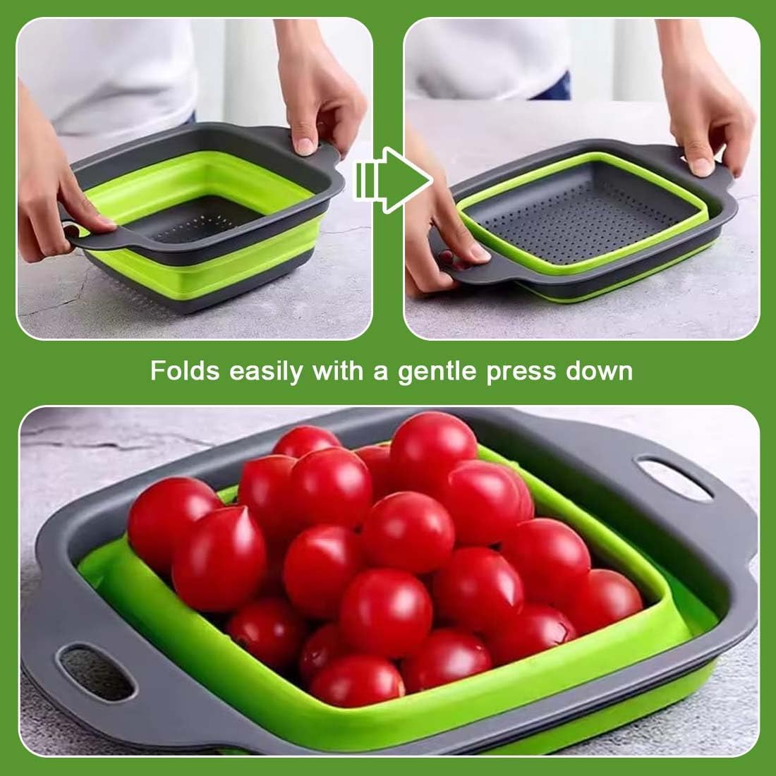 Collapsible Colander Set of 3 Square Silicone Kitchen Strainer Set 1 pcs 9.6 Quart, 1 pcs 6 Quart,1 pcs 4 Quart Perfect for Draining Pasta, Vegetable and fruit for Kitchen and Travel Use