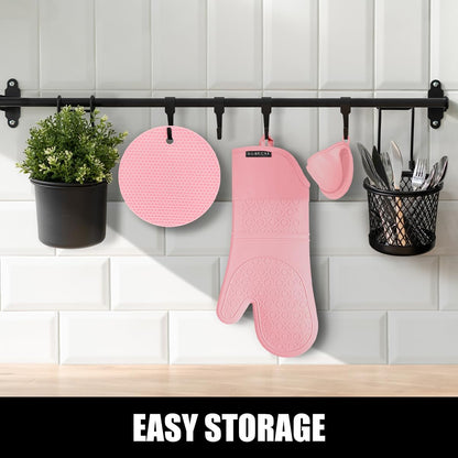 RORECAY Silicone Oven Mitts and Pot Holders Sets, Gloves for Kitchen, Beige
