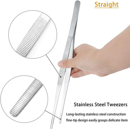 Kitchen Long Tweezers Set, LEEFONE 2 PCS 12 Inch Stainless Steel Food Tweezers with Precision Serrated Tips for Cooking & Baking (Straight + Curved)