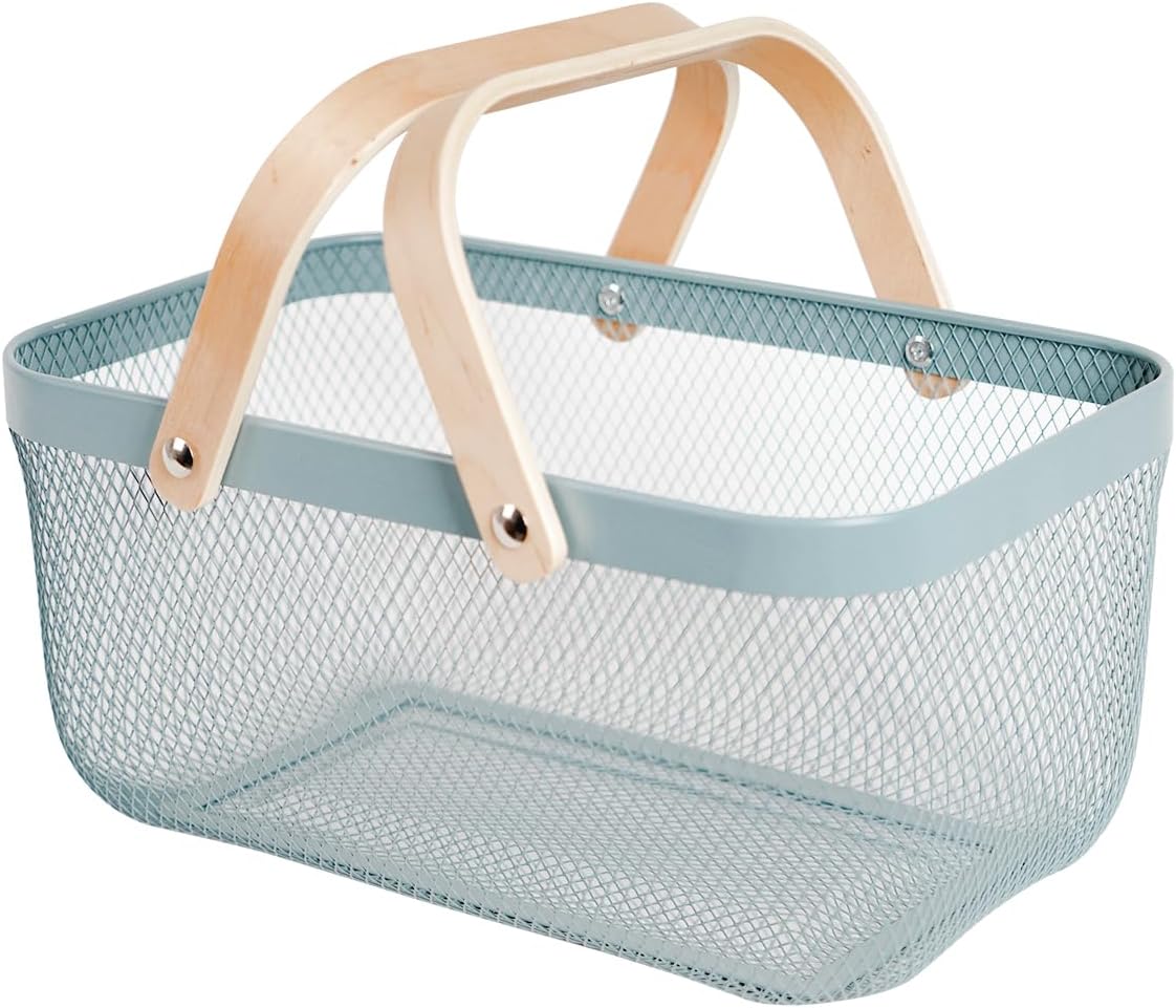 Metal Mesh Steel Harvest Basket, Rectangle Wire Garden Basket with Handle – Multi-functional Storage Organizer for Gathering Vegetables, Fruits, Kitchen, Garden, Picnic & Cabinet (Ivory)