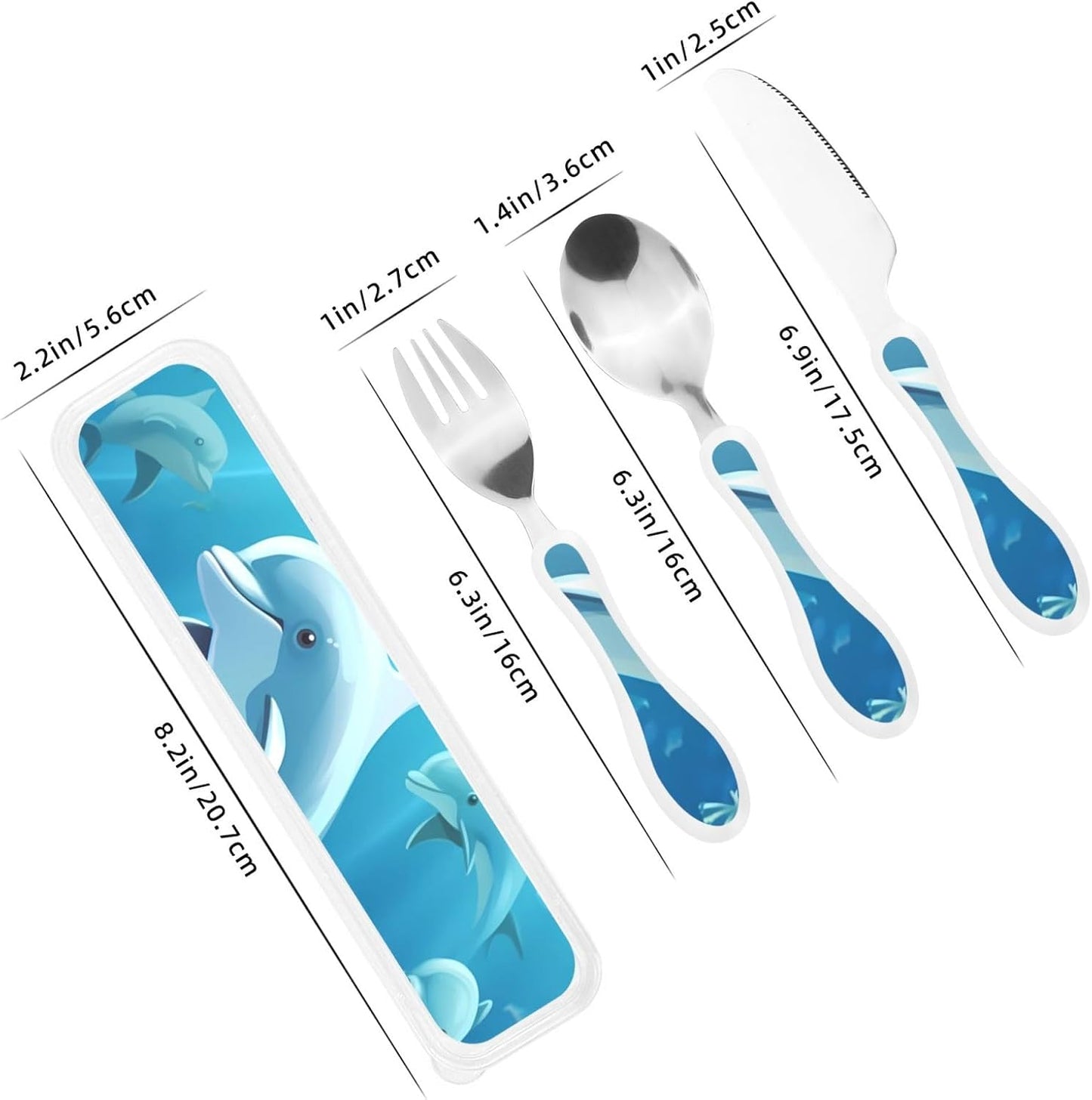 3-Piece Kids Silverware Set With Storage Case, Stainless Steel Reusable Children Safe Knife Spoon Fork Set Dolphin Children Flatware Set For Kids Lunch Box
