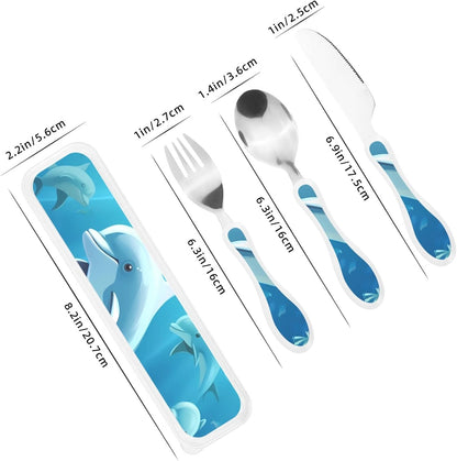 3-Piece Kids Silverware Set With Storage Case, Stainless Steel Reusable Children Safe Knife Spoon Fork Set Dolphin Children Flatware Set For Kids Lunch Box
