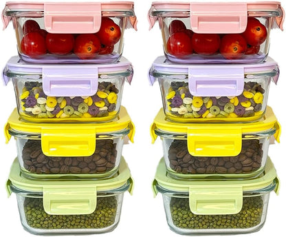 8 Pcs Square Glass Food Storage Container with Lids, 16OZ Square Glass Meal Prep Containers Set, 2 Cup glass Food Storage for Lunch Salad, Microwave, Oven, Freezer, Dishwasher Safe (4 Pack)