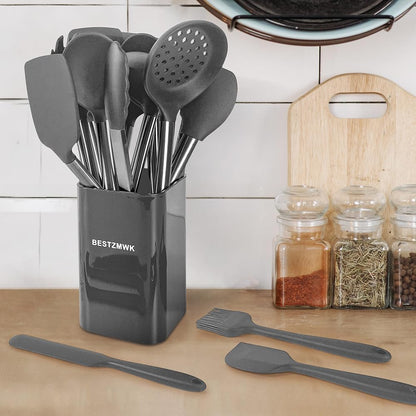 Kitchen Utensil Set-Silicone Cooking Utensils-33 Kitchen Gadgets & Spoons for Nonstick Cookware-Silicone and Stainless Steel Spatula Set-Best Kitchen Tools, Useful Pots (Khaki)