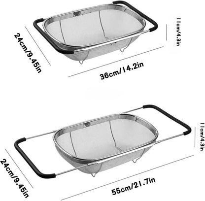 Over The Sink Colander, Stainless Steel Fine Mesh Expandable Colander, Sink Colander for Kitchen, 6-Quart Expandable Strainer Over The Sink for Straining, Draining, Rinsing Fruits And Vegetables