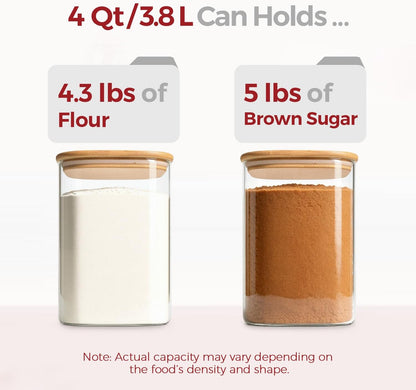 2-Pack 1 Gallon Square Glass Flour and Sugar Containers with Lids, Large Airtight Pantry Jars for Baking - Glass Canisters with Scoops & Labels for Bulk Food