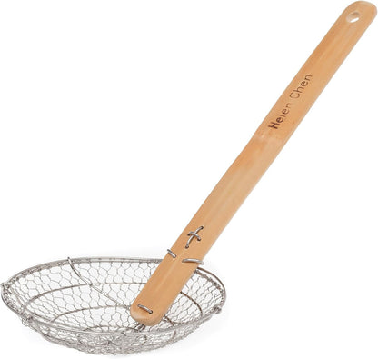 Helen's Asian Kitchen Deep Spider Strainer, 6-Inch Stainless Steel Mesh Basket With Bamboo Handle, For Noodles, Dumplings, Wontons, Deep Frying, And Draining Tasks
