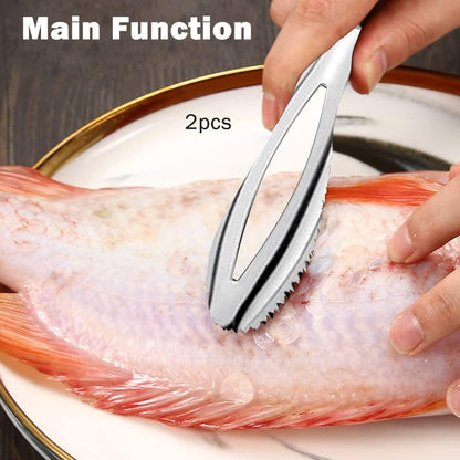 2 Pcs Fish Scale Remover Set,Stainless Steel Shark Serrated Fish Scaler