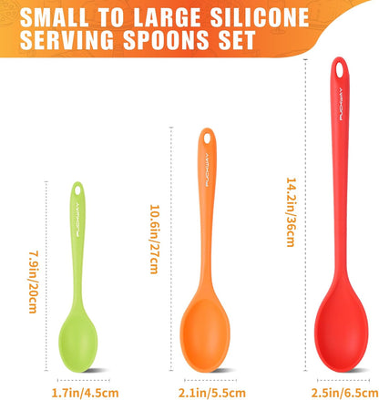 3 Pcs Silicone Spoons Set of 7.9 10.6 14.2 inch for Cooking, Heat Resistant Kitchen Spoons for Mixing, Stirring, and Serving, Small to Large Non Stick (Green)
