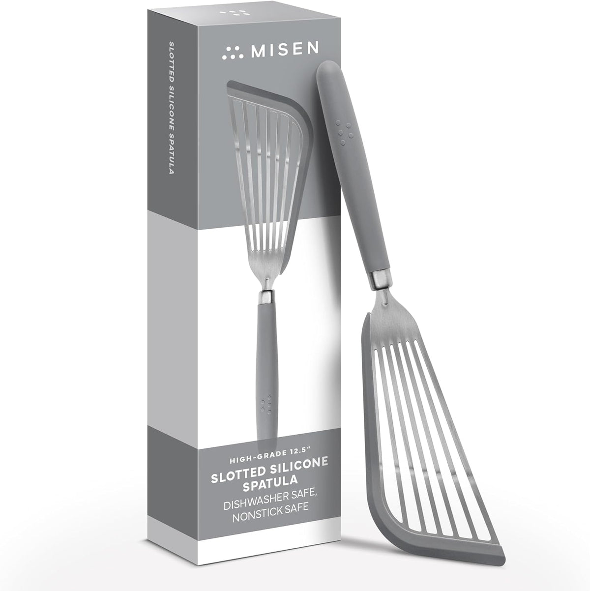Misen Fish Stainless Steel Spatula - Slotted Turner for Cooking - Perfect for Frying - Heat Resistant - Dishwasher Safe -1mm Thick Flexible Flipper - Soft Silicone Grip Handle for Easy Use