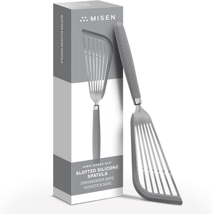 Misen Fish Stainless Steel Spatula - Slotted Turner for Cooking - Perfect for Frying - Heat Resistant - Dishwasher Safe -1mm Thick Flexible Flipper - Soft Silicone Grip Handle for Easy Use