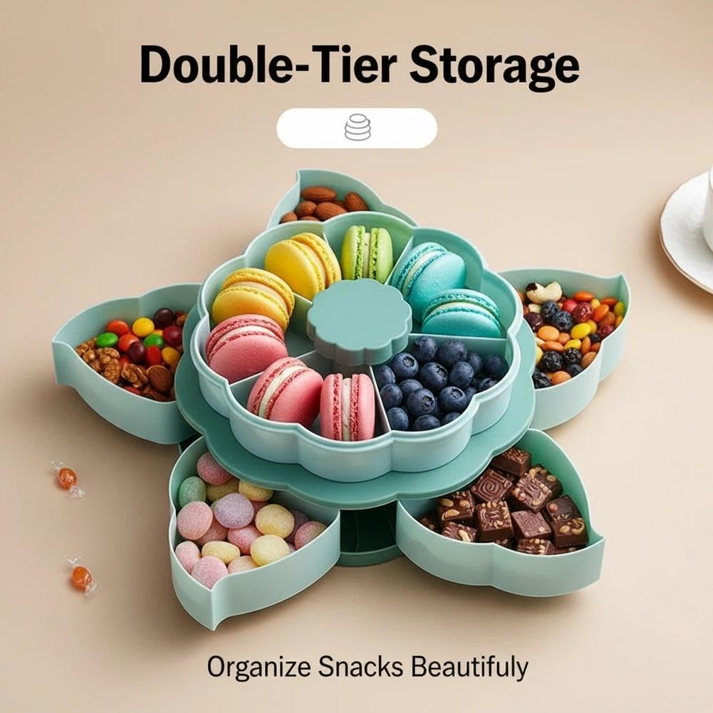 Divided Spin and Snack Serving Tray,2027 New Divided Serving Tray That Spins,Rotating Snack Box Container with Lid,Multi-Compartment Food Organizer Design,Lazy Susan Organizer for Fruit, Nuts, Candy