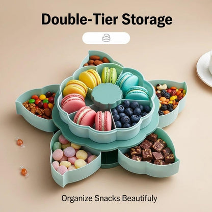 Divided Serving Tray that Spins - Perfect for Fruits Snacks, Dips & Party Appetizers, Rotating Snack Box Container with Phone Holder Lid, 2-Tier Lazy Susan Organizer Veggie Tray for Kitchen,Travel
