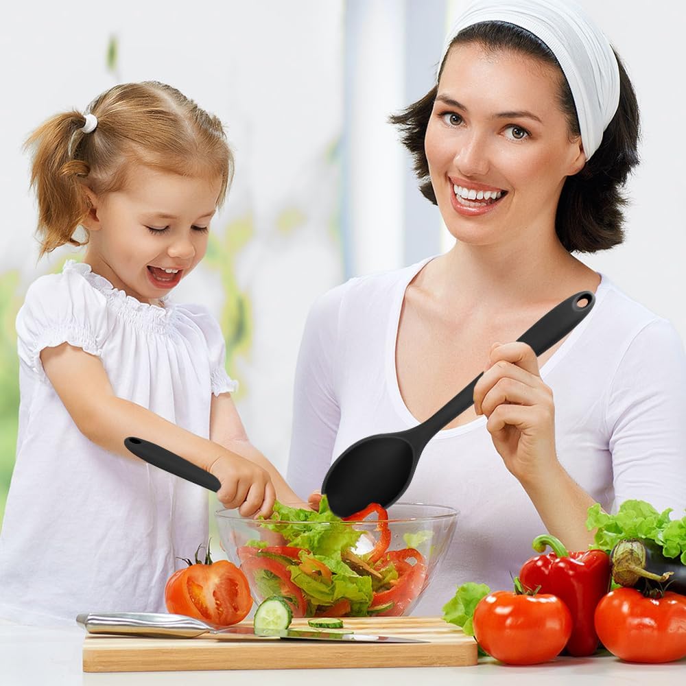 Cooking Spoon 2Pcs 10.8'' Large Serving Spoons Black Heat Resistant Silicone Spoon, Non-Stick Mixing Kitchen Spoons, Premium Silicone Kitchen Utensils for Stirring, Baking & Mixing, Dishwasher Safe
