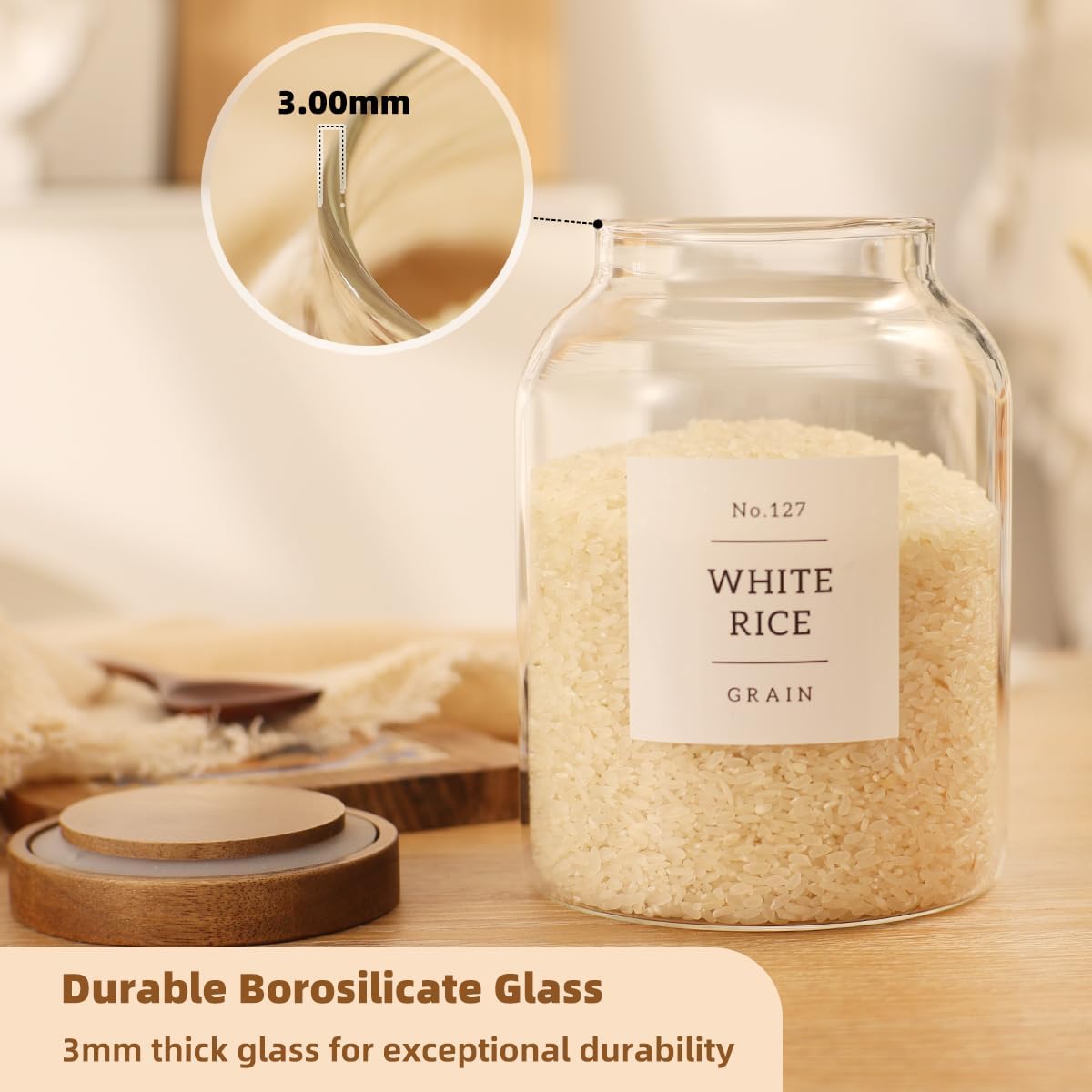 2 Pack Large Glass Flour and Sugar Storage Containers with Airtight Acacia Wood Lids and 132 Kitchen Pantey Labels Preprint - 1 Gallon Borosilicate Glass Canister Sets for Food,Pasta,Cookie,Rice