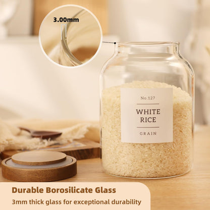 2 Pack Large Glass Flour and Sugar Storage Containers with Airtight Acacia Wood Lids and 132 Kitchen Pantey Labels Preprint - 1 Gallon Borosilicate Glass Canister Sets for Food,Pasta,Cookie,Rice