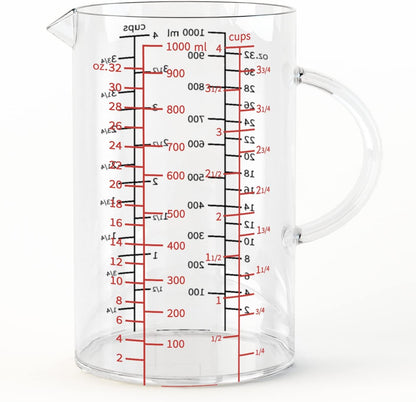 77L 3 Pack Glass Measuring Cup Set (1 1/4, 2 & 4 Cup) [Insulated handle, V-Shaped Spout], High Borosilicate Liquid Glass Measure Cup for Kitchen, Easy To Read, Dishwasher, Freezer, and Microwave Safe
